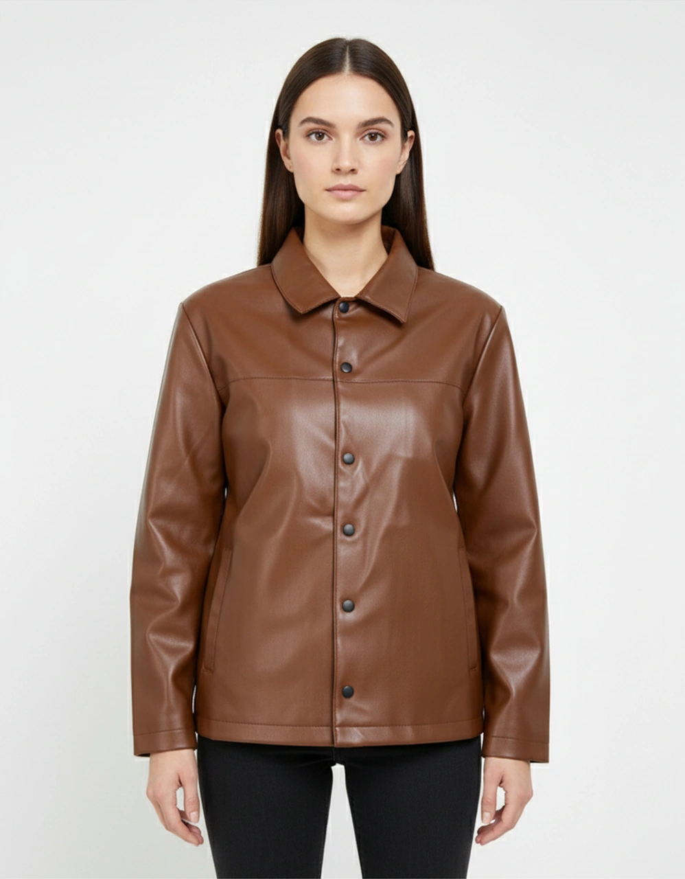 Kadın Çıtçıt Düğmeli - Suni Deri - Ceket -günlük Kullanım - Blazer Gömlek Yaka - Çift Cepli Kiremit