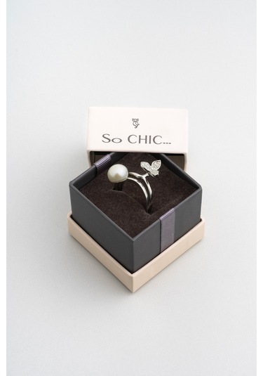 İnci Yaprağı 18 Ayar Beyaz Altın Kaplama Gümüş İkili Yüzük Beyaz