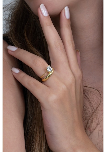 Takı Dükkanı Gold Renk 4mm Gümüş Alyans Ve Gümüş Tektaş Yüzük Seti Wsr120