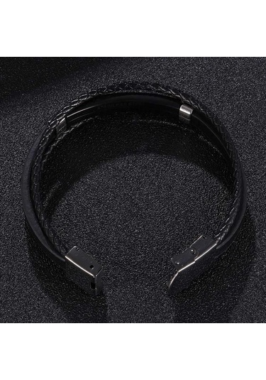 Erkekler İçin Moda Çok Katmanlı Deri Bileklikler Paslanmaz Çelik Klasik Kişiselleştirilmiş Bilezik Hediye Siyah