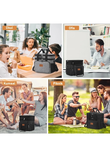 Haegs Körüklü Termal Termos Çanta, Çift Bölmeli, Genişleyebilen Soğuk Sıcak Tutucu Yalıtımlı Beslenme Çantası, Soğutucu Buzluk Yemek Taşıma Çantası 21l - Siyah