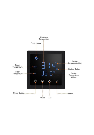 Siyah Led Dokunmatik Ekranlı Akıllı Termostat 16a Yerden Isıtma Sıcaklık Kontrol Cihazı 85265v Elektrikli