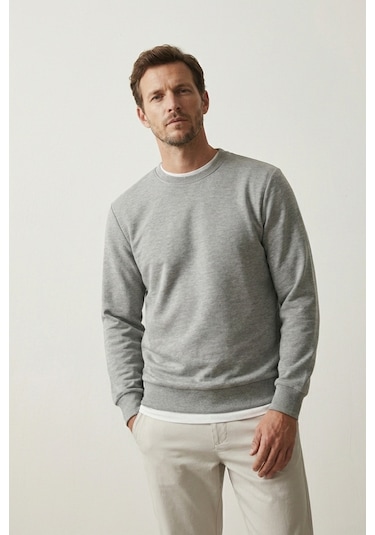 Elemge Pamuklu Erkek Sweatshirt Gri Soft Touch Relax Fit Basic Bisiklet Yaka 3 Iplik Nefes Alan