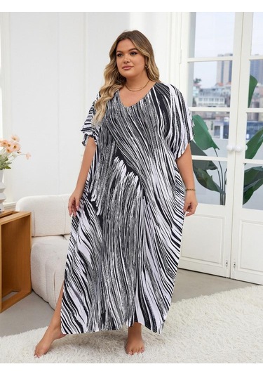 Edolynsa Siyah Çizgili Bol Kadın Kaftan Sabahlık Büyük Boy Ev Giyimi Rahat Giyim Yazlık Giyim Mayo Üst Kıyafet Q1594 Çok Renkli