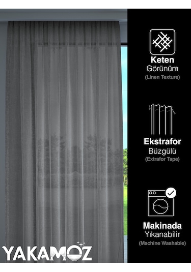 Gri Keten Görünümlü Ekstraforlu Tül Perde Linen Touch Serisi GRİ