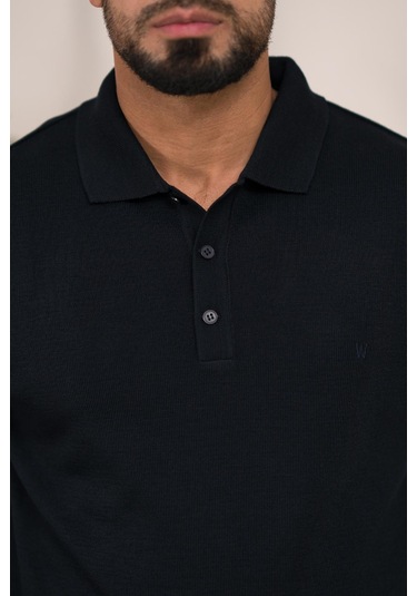 Woolen World Polo Yaka Düz Renk Yünlü Erkek Triko Kazak Lacivert