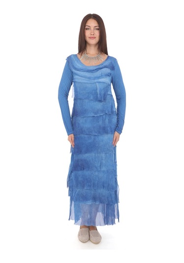 Italyan 2 Beden İnce Gösteren Kat Kat Uzun Kol Taşlanmış İpek Elbise Mavi