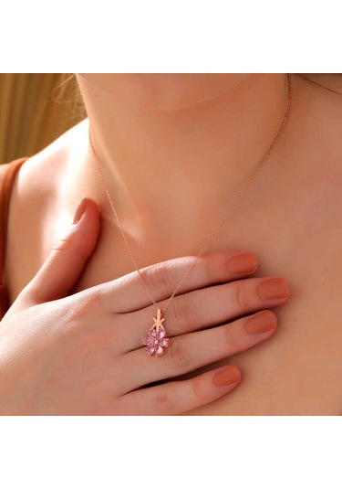925 Ayar Gümüş Rose Pembe Sevgi Çiçeği Kadın Kolye Gümüş
