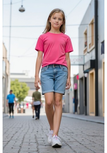 Fuşya Çocuk T-shirt Kız Erkek Unisex %100 Pamuk Fuşya