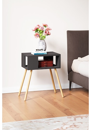 İntergo Ahşap Ayaklı Dekoratif Raflı Komodin Antrasit Gri