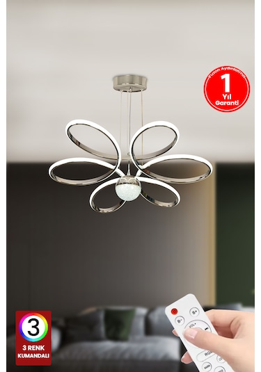 Fuzon Orkide Medium 3 Renk Toplu Kumandalı Led Avize Gümüş Salon Avize Gümüş