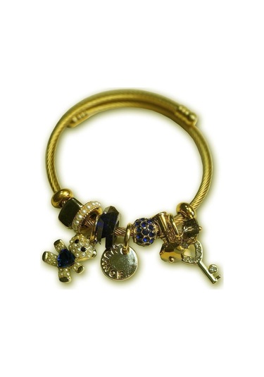 Uzel Çelik Sarı Gold Model Anahtarlı Ayıcık Charmlı Çelik Bileklik Mavi