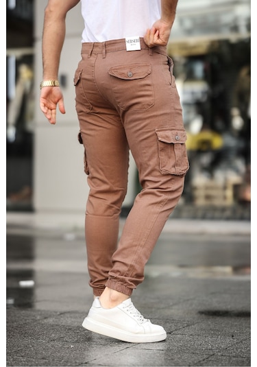Slim Fit Körüklü Cep Paça Lastikli Esnek Kumaş Erkek Kargo Pantolon Kahverengi
