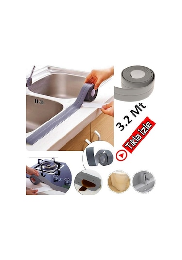 3.2 Metre Su Sızdırmaz Bant Kenar Mutfak Banyo Duvar Bant Gri Ren (457050699)