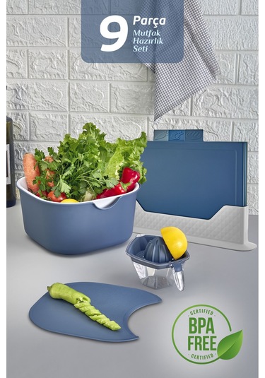 9'lu Mutfak Hazırlık Seti - Yatay Standlı Kulplu Kesme Tahtası Karıştırma Kabı Süzgeç Limon Sıkacağı Mavi