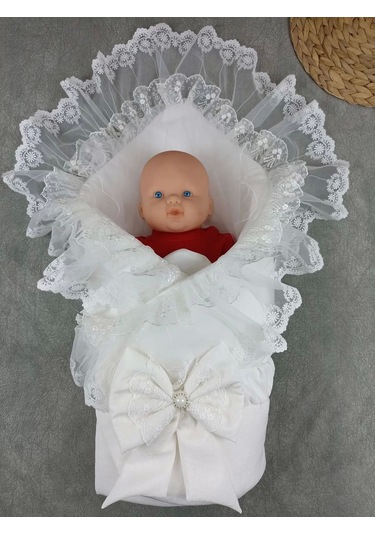 Yenidoğan Bambu Taç Nakışlı Delüks Kundak Bebek Battaniyesi Ekru Ekru