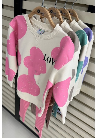 Kalp Baskılı Kız Çocuk Alt Üst Takım Gri - Pudra