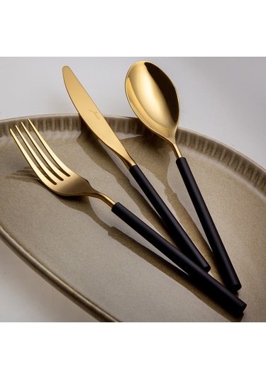Jumbo 6000 Roller Siyah Titanyum Gold 84 Parça 12 Kişilik Çatal Kaşık Bıçak Seti Siyah Titanyum Gold Altın - Siyah - Titanyum