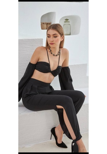 Ispanyol Kol Bağlamalı Şık Crop Bluz Pantolon Takım Siyah Siyah