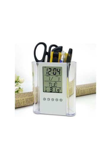 Springsun Ofis Ve Ev İçin Transparan Abs Mutfak Kalem Kutusu - Saat, Takvim, Zamanlayıcı, Termometre Ve Lcd Ekranlı Otomatik Çekmeceli Organizer Gri