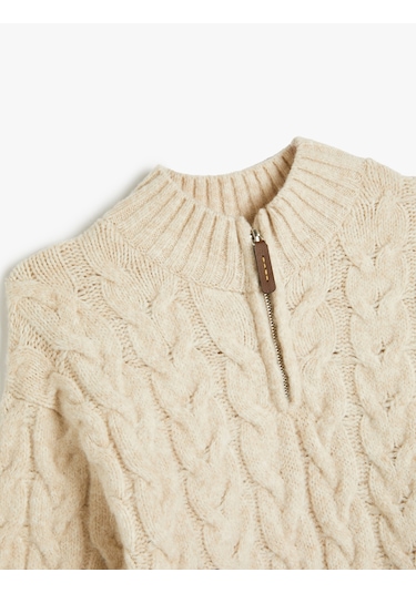 Koton Yarım Fermuarlı Saç Örgüsü Detaylı Uzun Kollu Kazak Ekru 5wkb90004ht Ekru