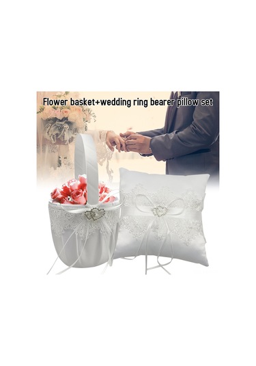 Monyee Beyaz Saten Ve Perya İçeren Nikah Çiçek Sepeti İle Yüzük Yastığı Seti Pmtz-075 Yeşil