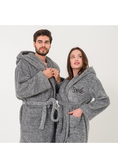 Uzun Kapüşonlu Welsoft Sabahlık Aile Seti-Gri