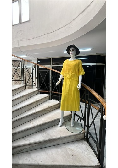 İtalyan Saçak Detaylı Müslin Keteni Yırtmaçlı Elbise - Bluz & 2'li Takım-9905 Sarı