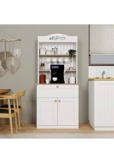 Lucas 2 Kapaklı Çekmeceli Kahve Köşesi Ve Çok Amaçlı Mutfak Dolabı - Açık Ceviz & Beyaz Açık Ceviz & Beyaz