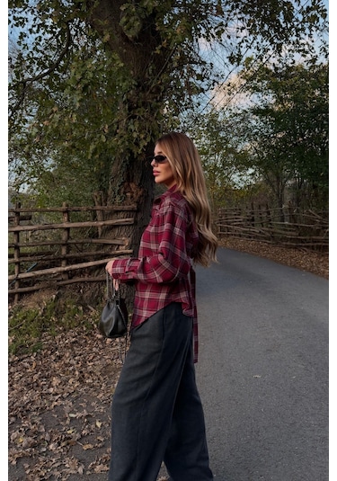 Kahverengi Bağlama Detaylı Ekoseli Gömlek - 25250 Kahverengi