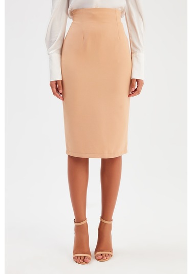 Sateen Düz Kalem Etek - Açık Camel