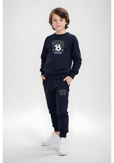 Erkek Çocuk Soccer Baskılı Bisiklet Yaka Eşofman Takımı Lacivert