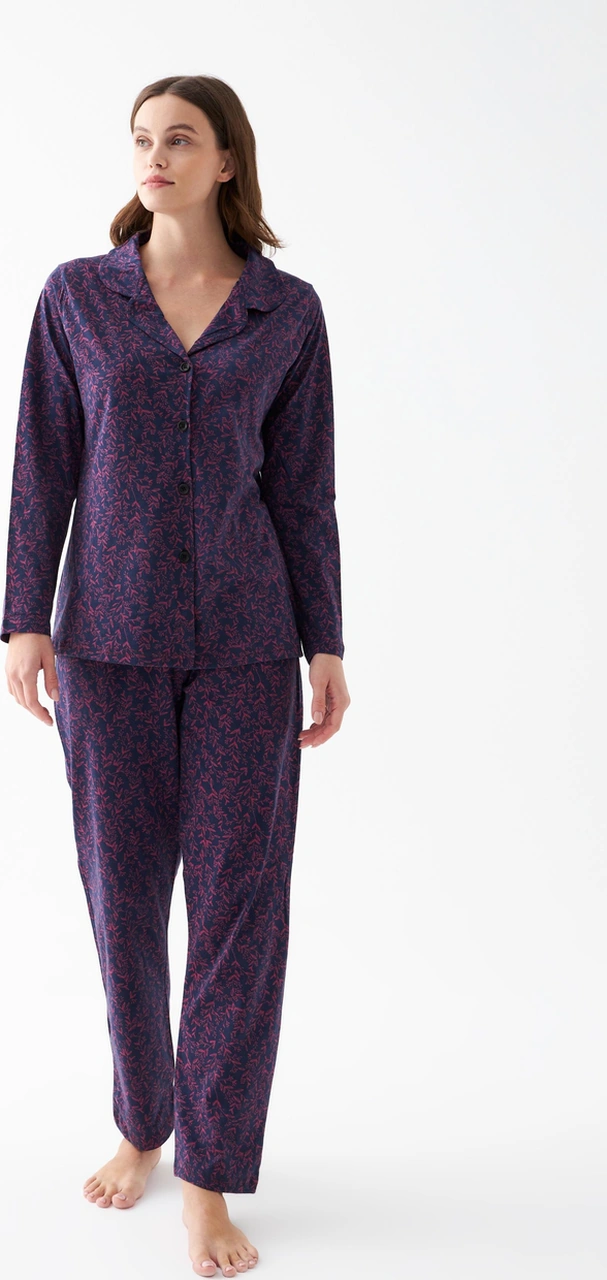 Akbeniz Kadın Lacivert Düğmeli Yaka Detaylı Desenli Pamuklu Pijama Takımı Lacivert