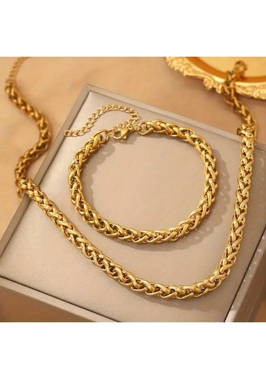 Gold Spiga Model Kalın Burgu Çelik Kolye Ve Bileklik Set 4mm Gold