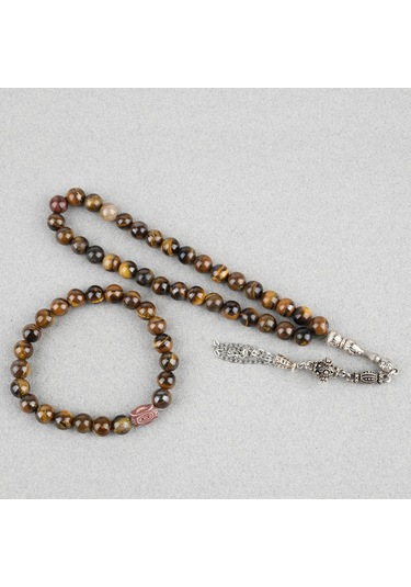 Kaplangözü Alpaka Püsküllü Küre Kesim 8.5mm Tesbih Ve Bileklik Seti Kahverengi