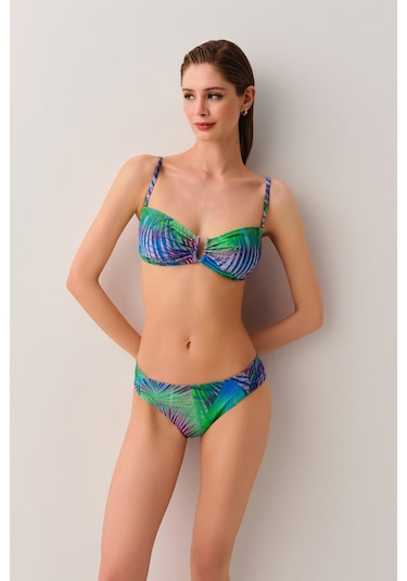 Suwen Palm Yanı Pileli Bikini Alt Sb25560372372 Palmiye Desenli