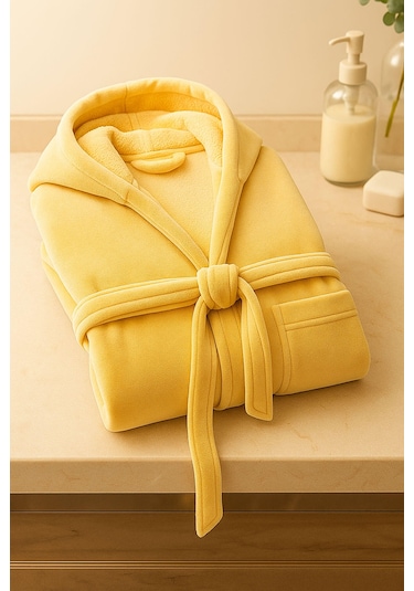 Genç Kız / Erkek Çocuk Kapşonlu Garson Boy Kadife Bornoz %100 Pamuklu Sarı
