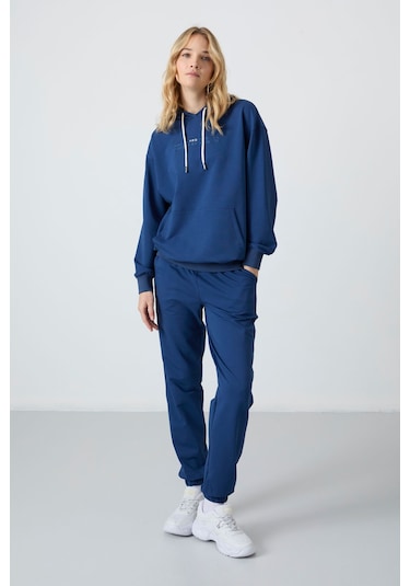 Tommy Life Parlament Kapüşonlu Kanguru Cep Oversize Lastik Paça Kadın Eşofman Takımı - 95288 Parlament Parlament Mavisi