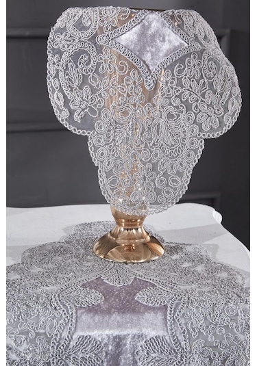 Fransız Güpürlü Kadife Sırma Salon Takımı 5 Parça Gri Gri