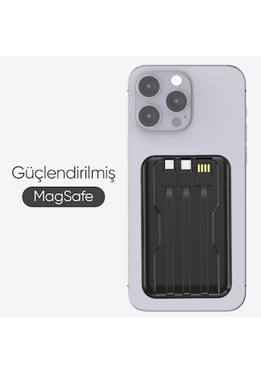 10.000 Mah Kablosuz Hızlı Şarjlı Magsafe Powerbank Led Ekranlı Dahili Kablolu Powerbank Siyah