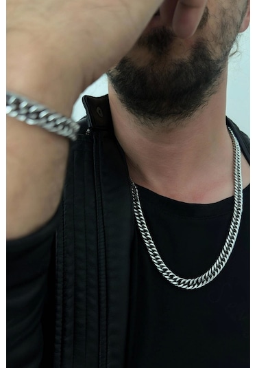 Küba Zincir Kalın Model Çelik Zincir Kolye Karma Serisi Silver
