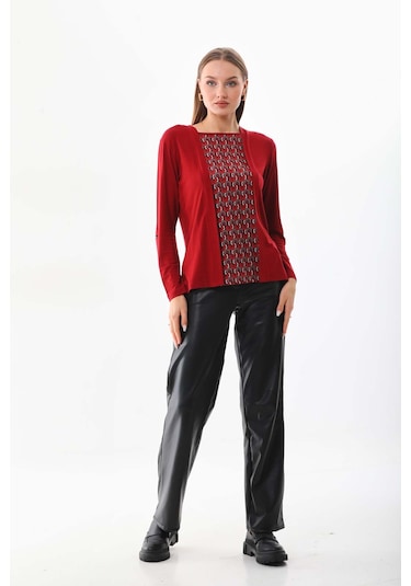 Sistas Kadın Desenli Uzun Kol Bluz 23525 Bordo