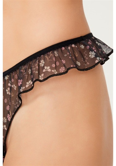 Siyah Çiçek Desenli Tül Kenarları Fırfırlı Tanga Külot Siyah