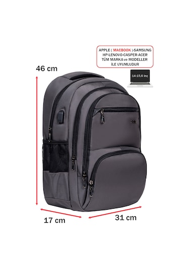 Dada 04 Gri Laptop Sırt Çantası 14-15,6 İnç Usb Aparat Ortopedik Sırt  Darbe Emici Koruma