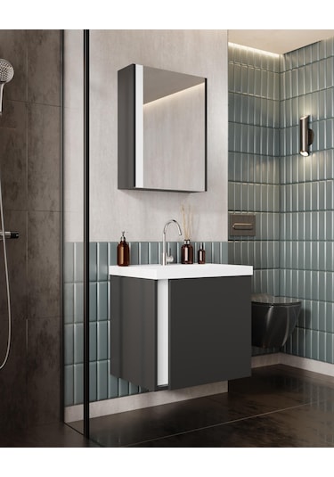 Karen Banyo Kemer 60 Cm,Lavabolu,Aynalı,Banyo Dolabı,Mat Antrasit,Lavabo Dahil Antrasit