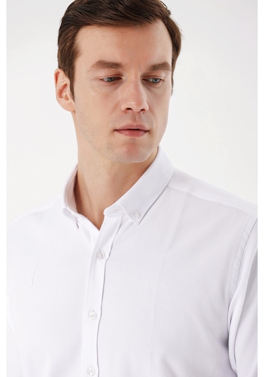 Morven Erkek Beyaz Trend Jakar Desen Düğmeli Yaka Slim Fit Gömlek 24mc004005600 Beyaz Beyaz