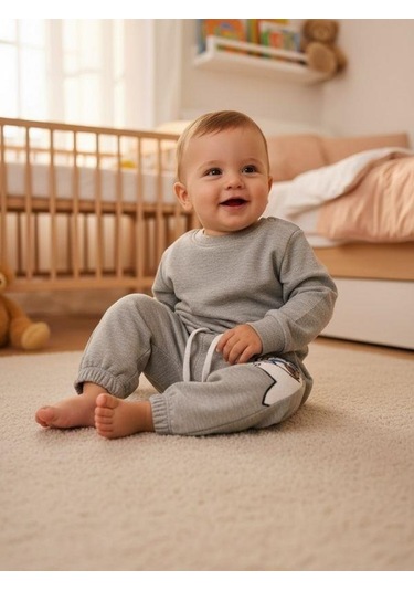 Zekids Bebek Ayıcık Desenli Eşofman Alt-16391 Gri