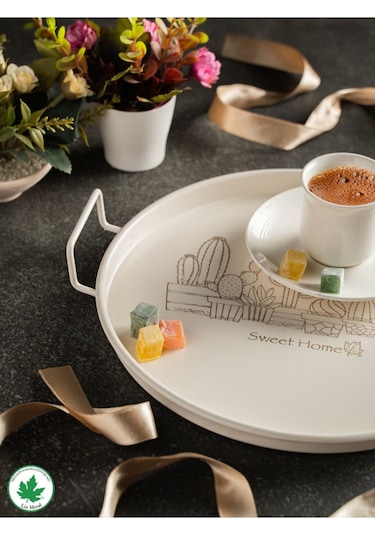 Lin Metal 24cm Yuvarlak Tel Kulplu Tepsi Kaktüs Baskılı - Krem