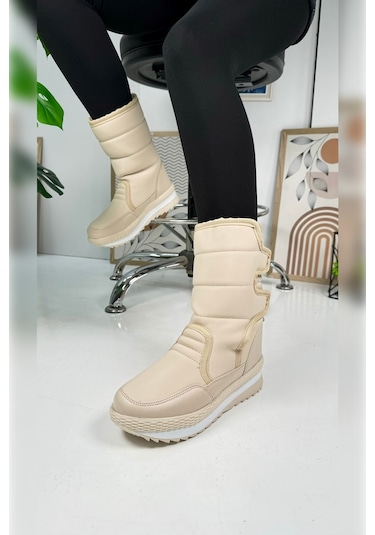 Nstil Alves Unisex Kadın - Erkek - Çocuk Kar Botu İçi Kürklü Cırt Cırtlı Kaymaz Taban Ayakkabı 802 Bej