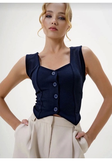 Krep Kumaş Düğmeli Yelek Lacivert S3395 Lacivert